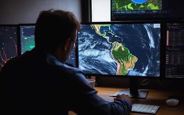 Stock photo - man looking at satellite weather map