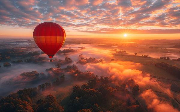 Stock photo - balloon and sunrise over fog