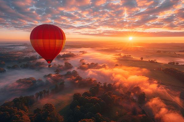 Stock photo - balloon and sunrise over fog